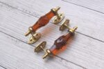 Vintage Amber Crystal Glass Door Handle – 6 Inch Antique Brass Pull Handle for Cabinets, Drawers & Furniture 2 Pcs