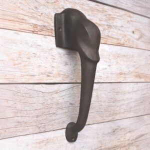 Hand forged twisted iron pull handle with antique black finish for barn doors, gates, cabinets, wardrobes, cupboards, and rustic farmhouse furniture.