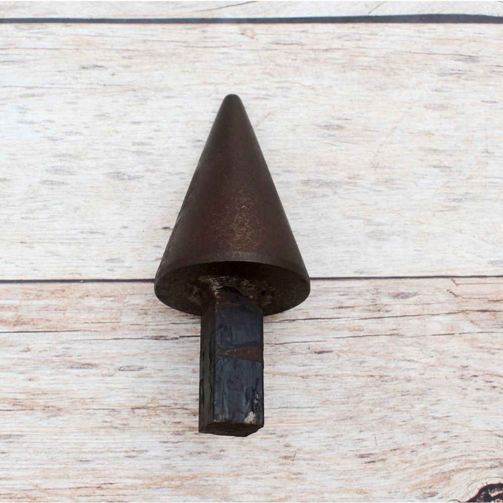 Solid steel tapered cone hardy tool with square shank for blacksmith anvil and precision metal forming.