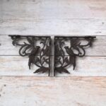 Set of 2 decorative cast iron bird shelf brackets with floral vine design, heavy-duty rustic wall shelf supports for floating wooden shelves, farmhouse, vintage, cottage, and garden home décor.