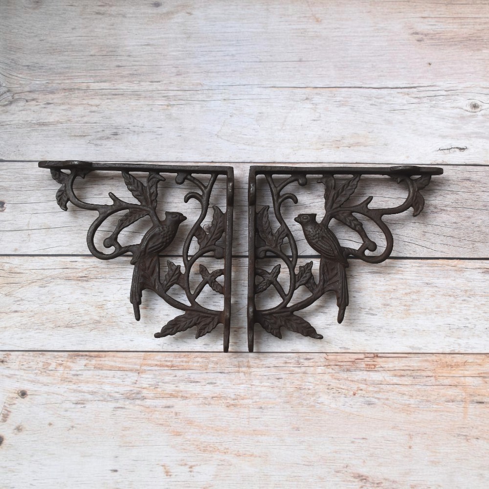 Set of 2 decorative cast iron bird shelf brackets with floral vine design, heavy-duty rustic wall shelf supports for floating wooden shelves, farmhouse, vintage, cottage, and garden home décor.
