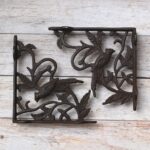 Set of 2 decorative cast iron bird shelf brackets with floral vine design, heavy-duty rustic wall shelf supports for floating wooden shelves, farmhouse, vintage, cottage, and garden home décor.
