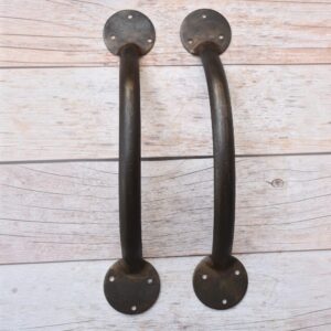 Pair of handcrafted solid iron rustic door pull handles for wooden barn doors, entrance doors, and garden gates.