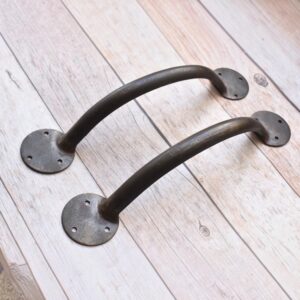 Pair of handcrafted solid iron rustic door pull handles for wooden barn doors, entrance doors, and garden gates.