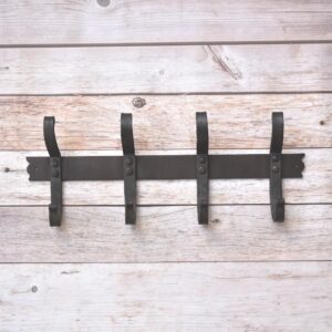 Hand Forged Iron 4 Hook Wall Mounted Coat Rack with Rustic Black Finish, Farmhouse Vintage Heavy Duty Entryway Wall Hooks for Coats, Hats, Bags and Towels