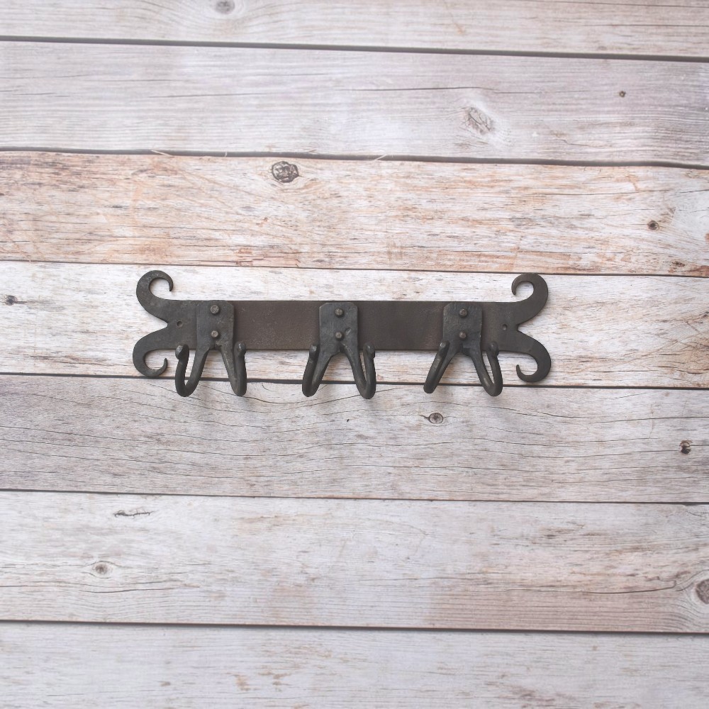 Hand Forged Iron 6 Hook Wall Coat Rack with Decorative Scroll Ends, Rustic Farmhouse Heavy Duty Wall Mounted Organizer
