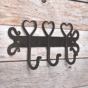 Hand Forged Iron Heart Wall Coat Rack with 3 Hooks, Rustic Farmhouse Wall Mounted Coat and Key Holder