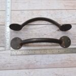 Pair of handcrafted solid iron rustic door pull handles for wooden barn doors, entrance doors, and garden gates.