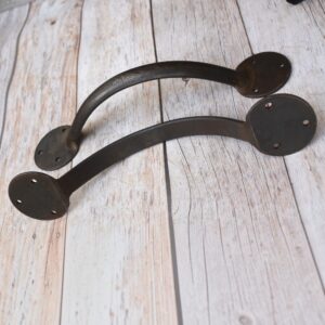 Pair of handcrafted solid iron rustic door pull handles for wooden barn doors, entrance doors, and garden gates.