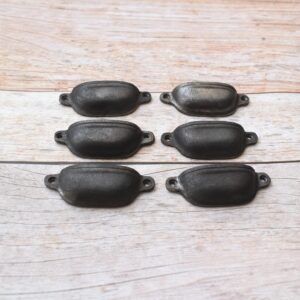 Plain cast iron cup pull handles with antique black finish for cabinets, drawers, and furniture.