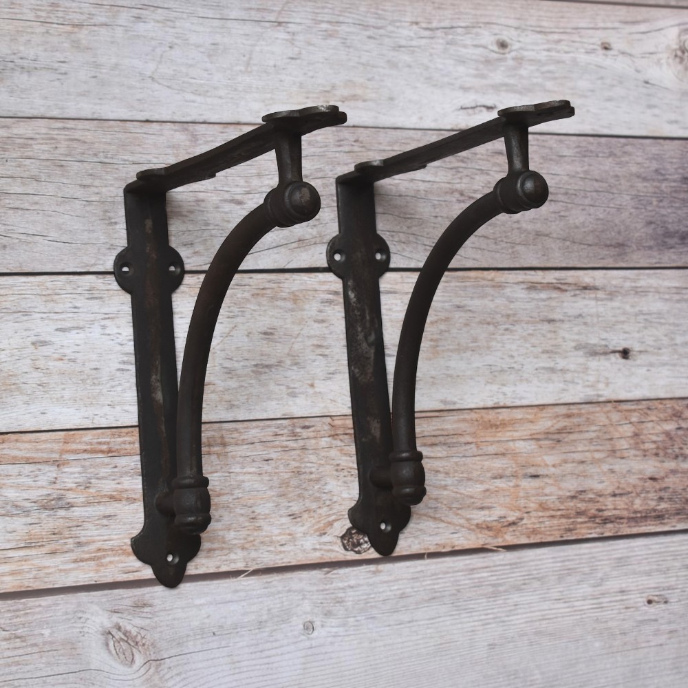 Set of 2 Rustic Cast Iron Wall Shelf Brackets with Heavy-Duty Curved Support, Antique Black Industrial Floating Shelf Braces for Wooden