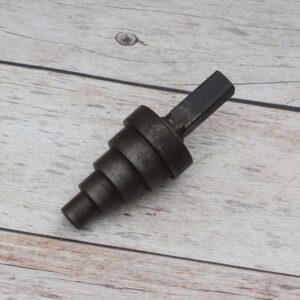 Solid steel stepped cone mandrel hardy tool for anvil used for ring sizing, tube expanding, jewelry making, blacksmithing, and metal forming.
