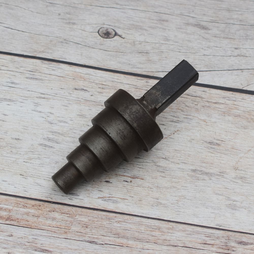 Solid steel stepped cone mandrel hardy tool for anvil used for ring sizing, tube expanding, jewelry making, blacksmithing, and metal forming.