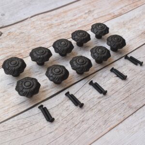 Set of 10 vintage cast iron flower cabinet knobs with mounting screws for kitchen cabinets, drawers, wardrobes, cupboards, and furniture.