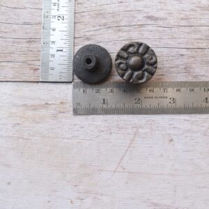Set of 10 vintage cast iron round floral cabinet knobs with mounting screws for drawers, cabinets, wardrobes, cupboards, and furniture.