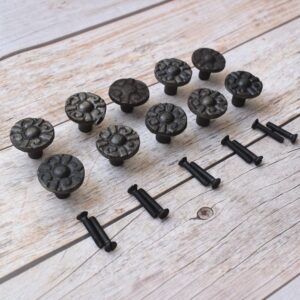 Set of 10 vintage cast iron round floral cabinet knobs with mounting screws for drawers, cabinets, wardrobes, cupboards, and furniture.