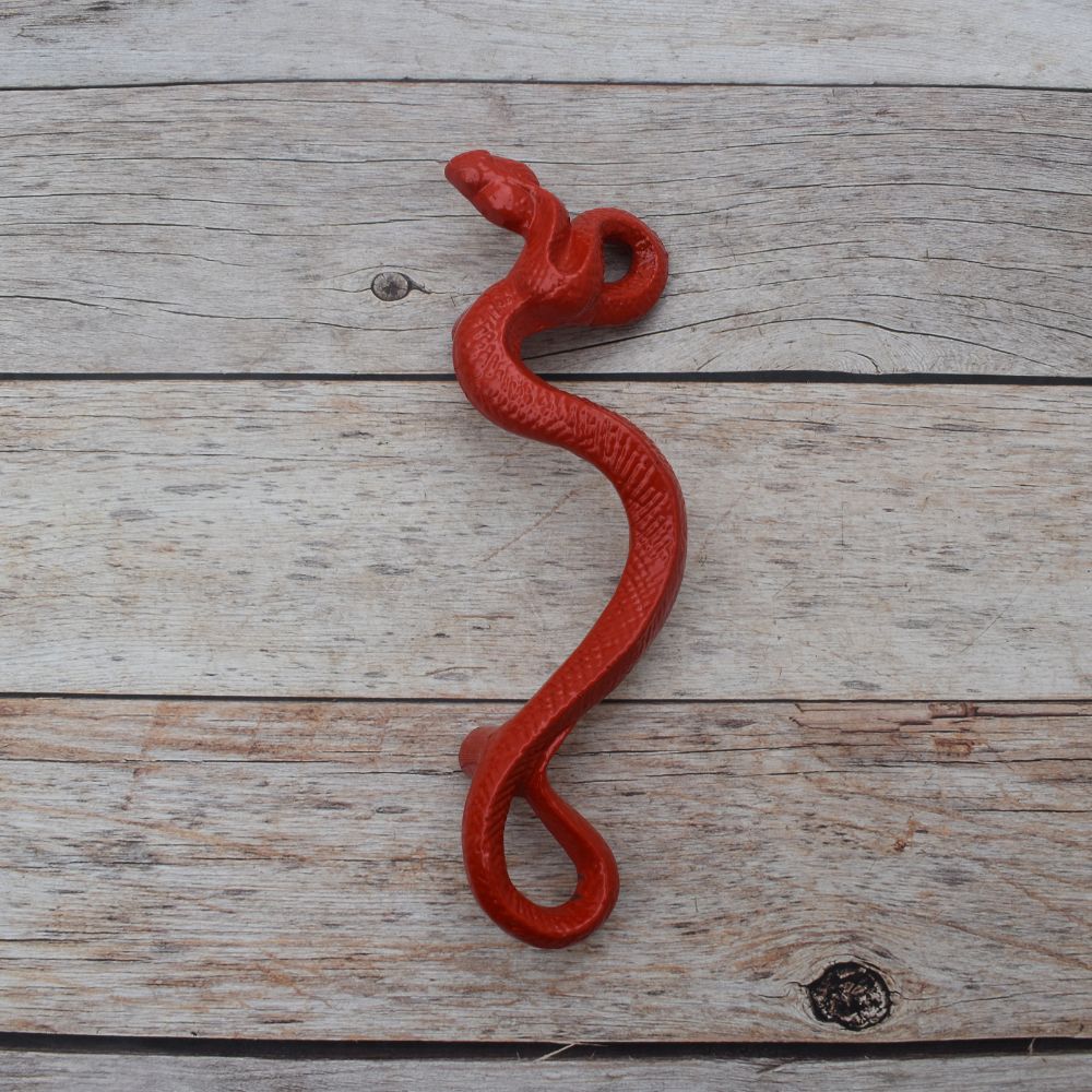 Red Cast Iron Rattlesnake Door Pull Handle – Decorative Rustic Hardware Red cast iron rattlesnake door pull handle for barn doors, gates, cabinets, wardrobes, and rustic furniture.