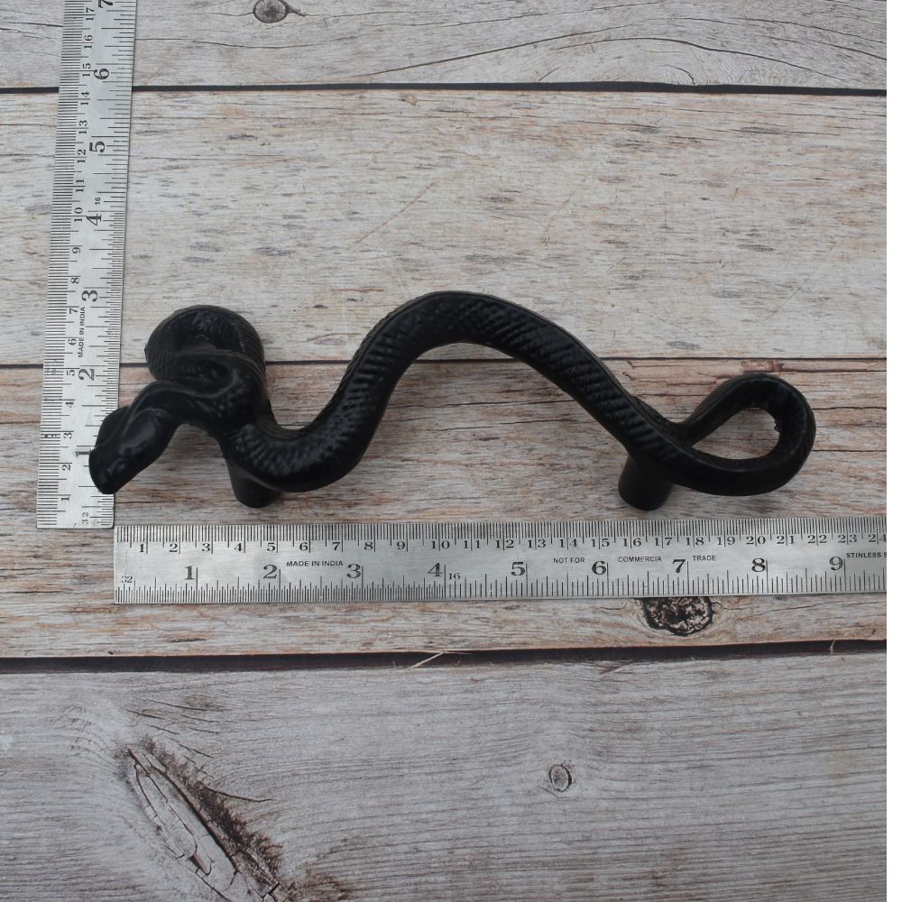 black painted cast iron rattlesnake door pull handle for barn doors, gates, cabinets, wardrobes, and rustic furniture.