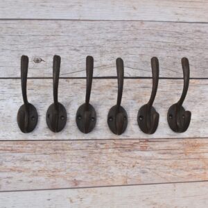 Set of 6 Vintage Cast Iron Double Wall Hooks – Rustic Coat & Hat Storage