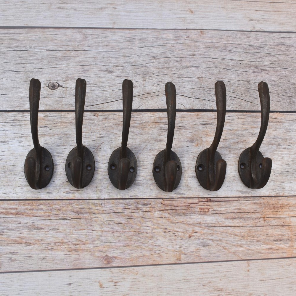 Set of 6 Vintage Cast Iron Double Wall Hooks – Rustic Coat & Hat Storage