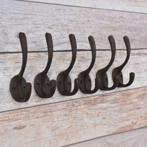 Set of 6 Vintage Cast Iron Double Wall Hooks – Rustic Coat & Hat Storage