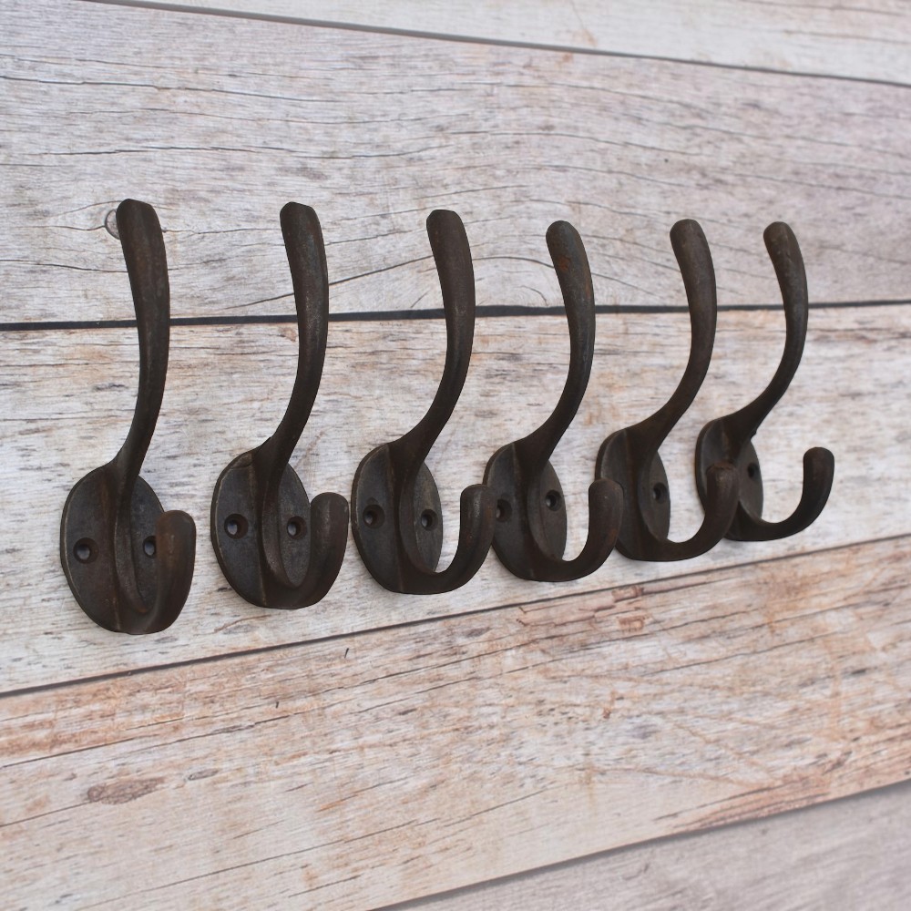 Set of 6 Vintage Cast Iron Double Wall Hooks – Rustic Coat & Hat Storage