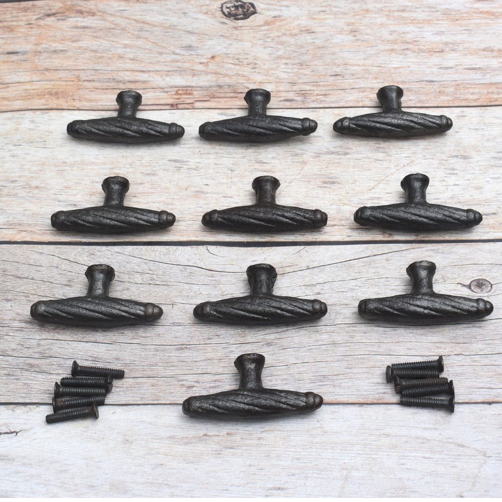 Set of 10 Twisted Rope Iron T-Handle Cabinet Knobs | Vintage Rustic Drawer Pulls for Cabinets, Dressers & Furniture