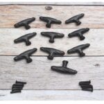"Set of 10 vintage twisted rope iron T-handle cabinet knobs in rustic black finish with mounting screws, ideal for drawers, cupboards, dressers, wardrobes, and furniture restoration."