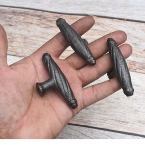 "Set of 10 vintage twisted rope iron T-handle cabinet knobs in rustic black finish with mounting screws, ideal for drawers, cupboards, dressers, wardrobes, and furniture restoration."
