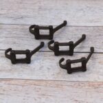 Set of 4 Cast Iron Wall Coat Hooks | Vintage Double Hooks with Decorative Backplate | Rustic Hat, Coat & Bag Hooks