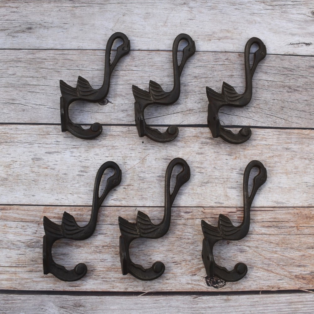 Set of 6 vintage cast iron swan wall hooks with antique dark finish for coats, hats, bags, keys, and rustic home décor.
