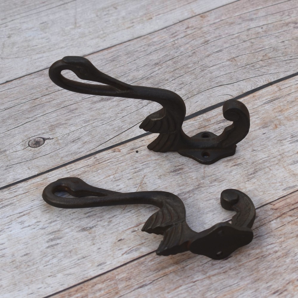 Set of 6 vintage cast iron swan wall hooks with antique dark finish for coats, hats, bags, keys, and rustic home décor.