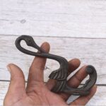 Set of 6 vintage cast iron swan wall hooks with antique dark finish for coats, hats, bags, keys, and rustic home décor.