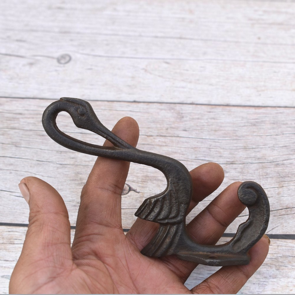 Set of 6 vintage cast iron swan wall hooks with antique dark finish for coats, hats, bags, keys, and rustic home décor.