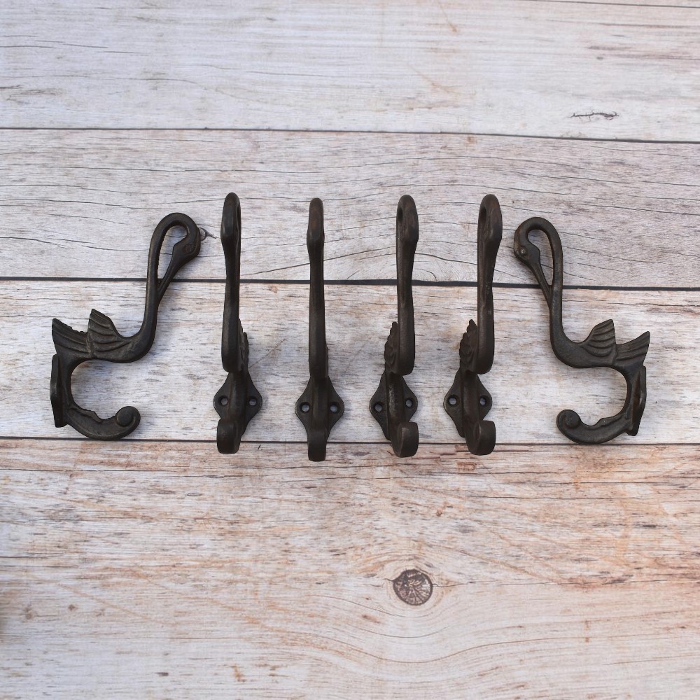 Set of 6 vintage cast iron swan wall hooks with antique dark finish for coats, hats, bags, keys, and rustic home décor.