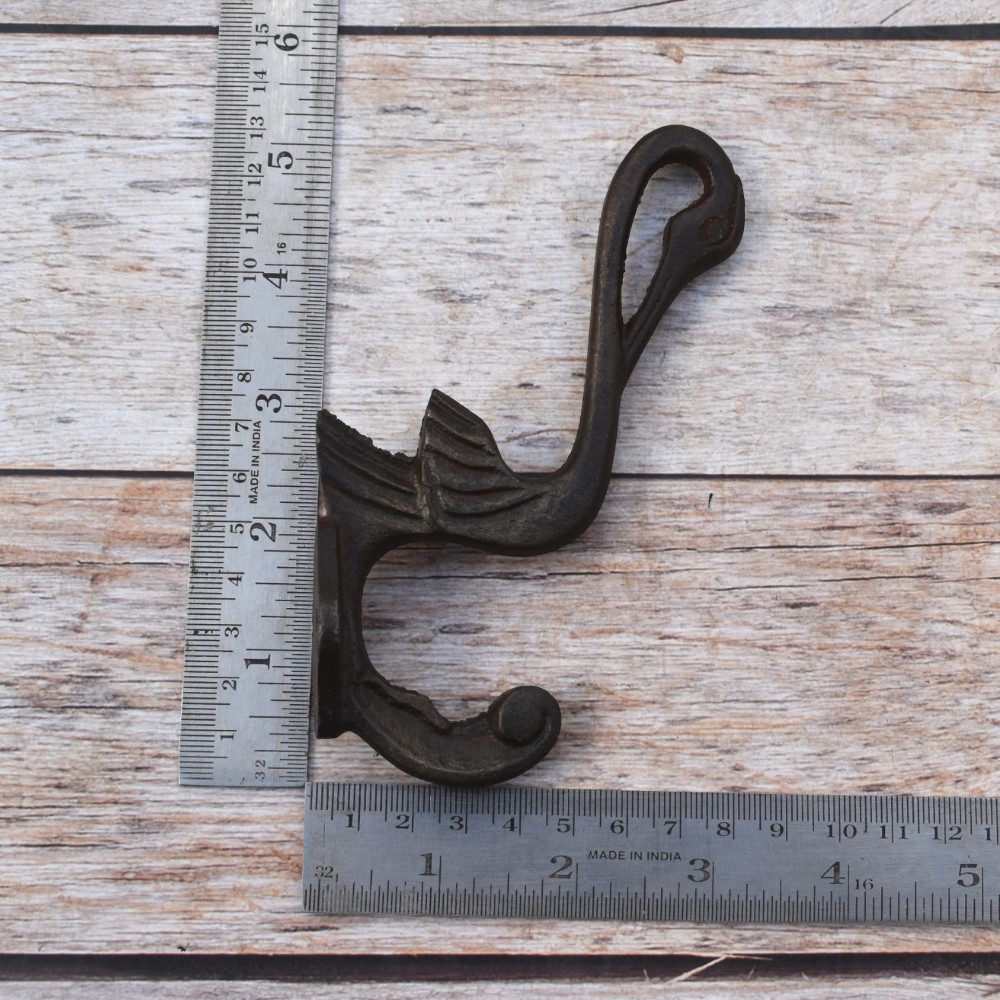 Set of 6 vintage cast iron swan wall hooks with antique dark finish for coats, hats, bags, keys, and rustic home décor.
