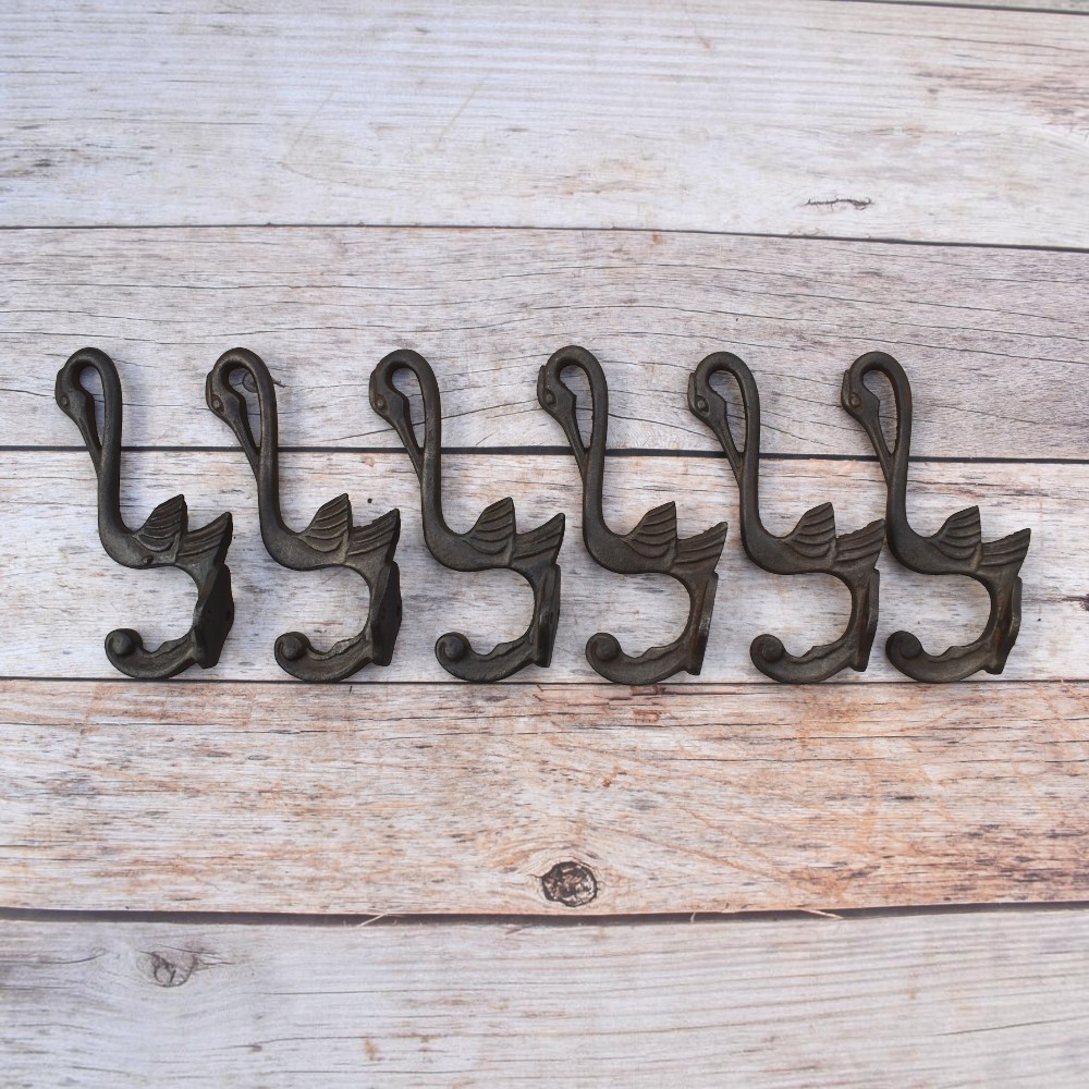Set of 6 vintage cast iron swan wall hooks with antique dark finish for coats, hats, bags, keys, and rustic home décor.