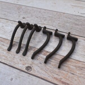 Set of 6 vintage hammered iron door pull handles with rustic dark finish for barn doors, cabinets, drawers, wardrobes, and furniture.