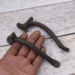 Set of 6 vintage hammered iron door pull handles with rustic dark finish for barn doors, cabinets, drawers, wardrobes, and furniture.