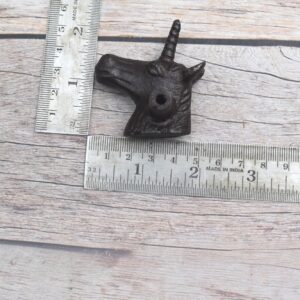 Set of 10 black cast iron unicorn head cabinet door knobs with mounting screws for drawers, cupboards, wardrobes, and furniture.