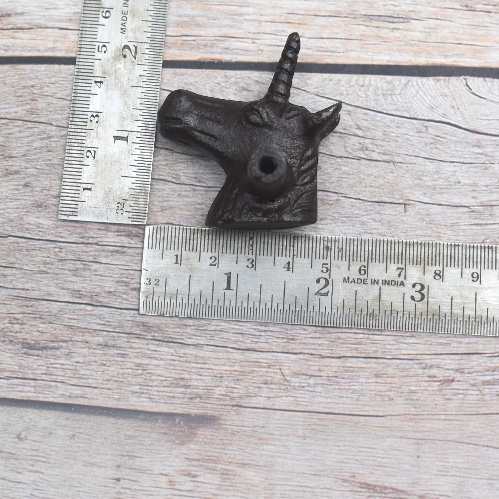Set of 10 black cast iron unicorn head cabinet door knobs with mounting screws for drawers, cupboards, wardrobes, and furniture.