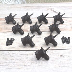 Set of 10 black cast iron unicorn head cabinet door knobs with mounting screws for drawers, cupboards, wardrobes, and furniture.