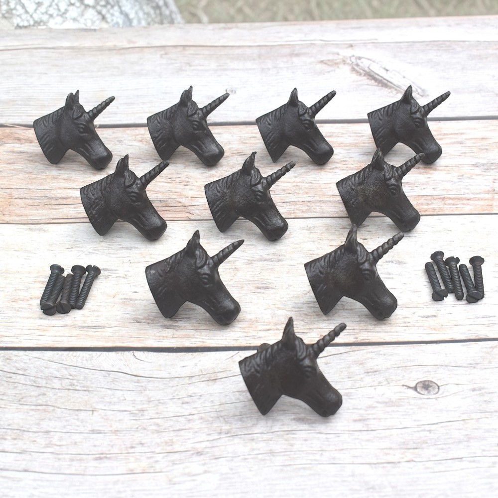 Set of 10 black cast iron unicorn head cabinet door knobs with mounting screws for drawers, cupboards, wardrobes, and furniture.