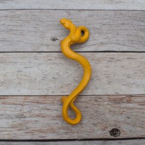 Yellow cast iron rattlesnake door pull handle for barn doors, gates, cabinets, wardrobes, and rustic furniture.