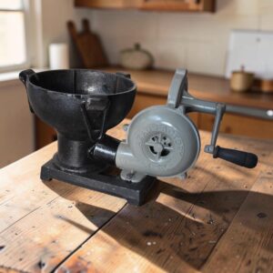 Vintage-style manual cast iron forge blower designed for blacksmithing, metal forging, and traditional workshop use.