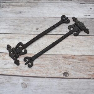 Pair of Ornate Fleur-de-Lis End Black Wrought Iron Strap Hinges