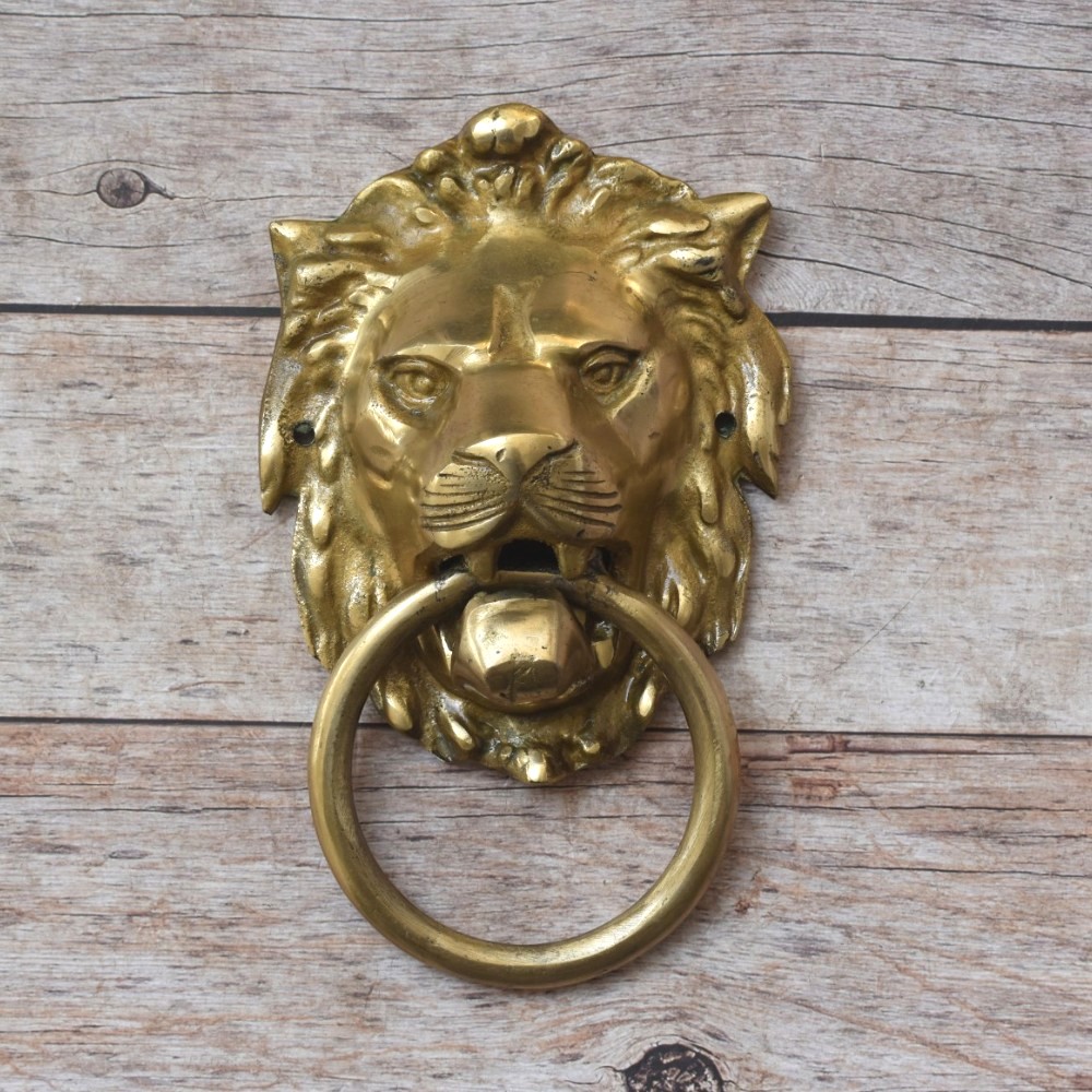 Vintage Regency Brass Lion Head Door Knocker with Heavy Striker Ring Vintage Regency Brass Lion Head Door Knocker with Heavy Striker Ring