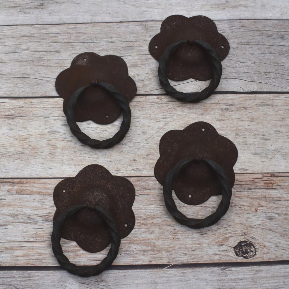 Set of 4 Antique Style Twisted Ring Pull Handles with Scalloped Escutcheon Set of 4 Hand-Forged Style Twisted Ring Pulls for Cabinets, Drawers & Doors